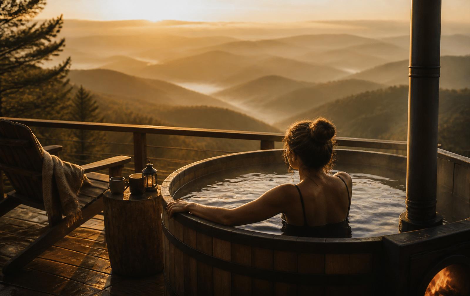 A wood-fired hot tub overlooking the Blue Ridge Mountains at golden hour
